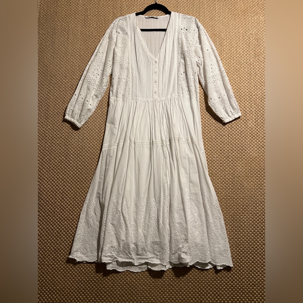 Zara | Eyelet Cotton Midi Dress Pleated Detail | US S
